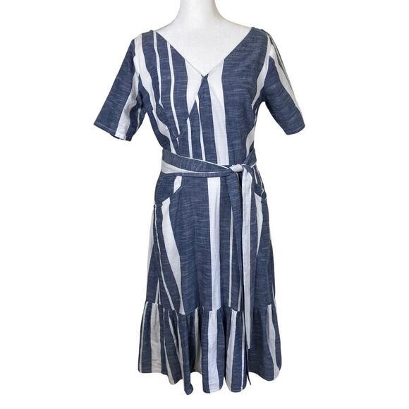 Eshakti Striped Cotton Chambray Flounce Hem Shift Dress Blue White Chic Nautical - Picture 3 of 16